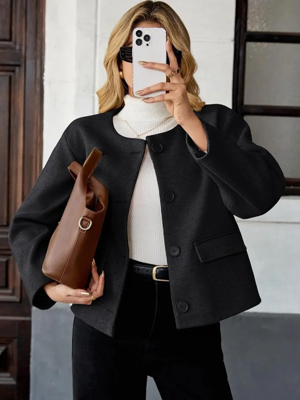 Women's Dark Grey Wool Blend Cropped Collarless Long Sleeve Short Pea Overcoat